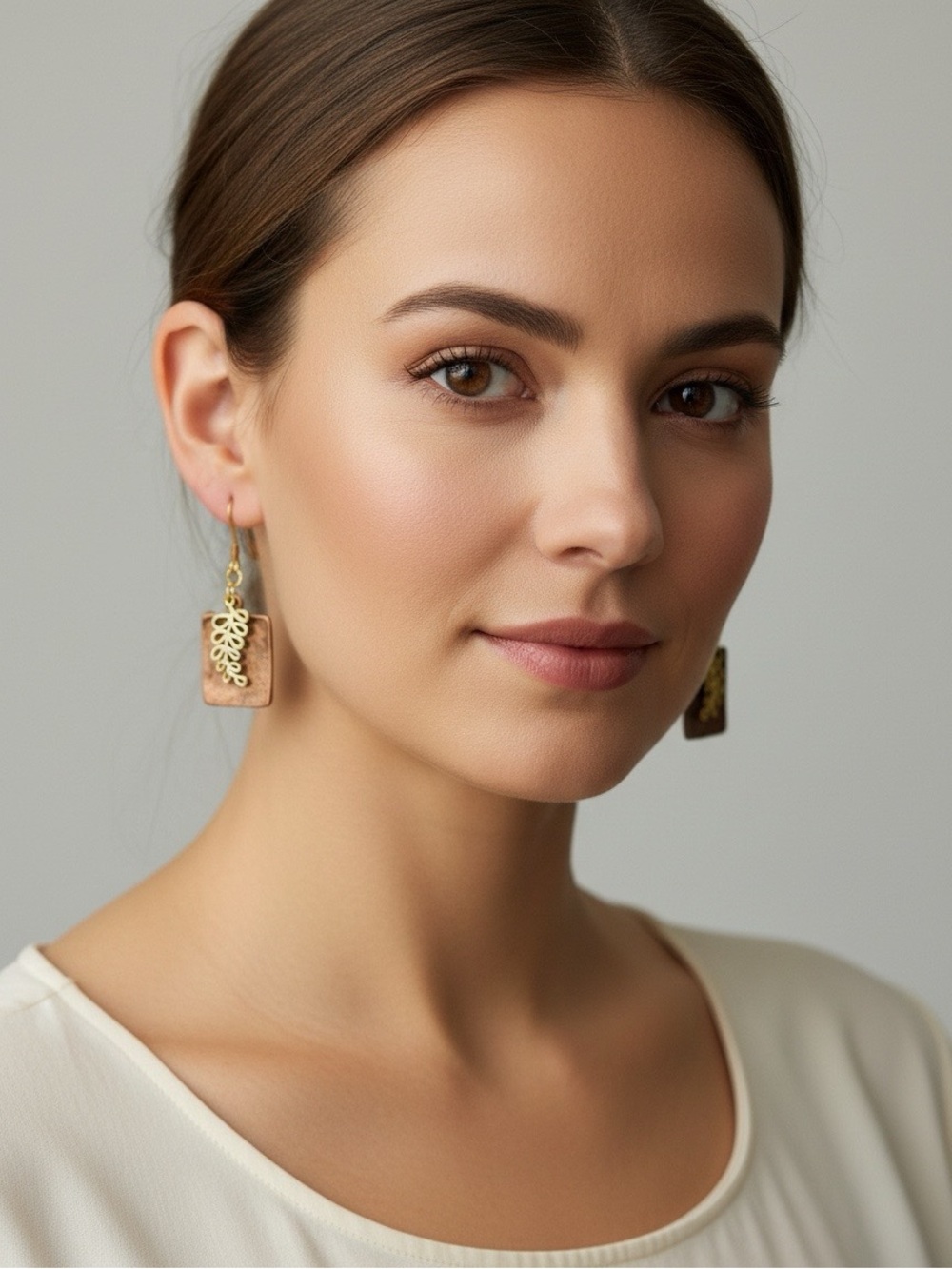 Mixed Metal Copper & Gold Leaf Dangle Earrings - Picture 4 of 4